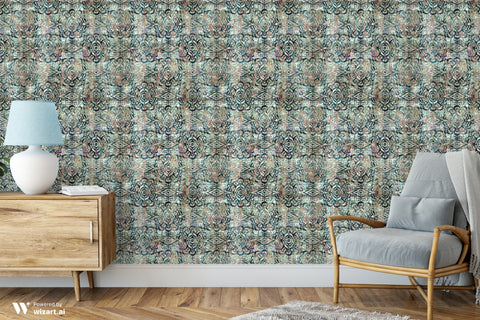 Modern interior with wooden cabinet and blue armchair against wallpaper featuring abstract damask pattern in blue, beige, and black