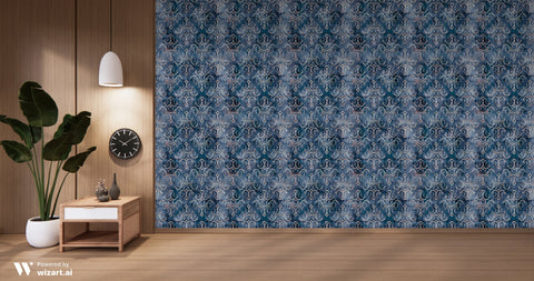 Modern interior with dark blue wallpaper featuring ornate beige and gold vintage-style patterns, paired with wooden flooring and minimal decor