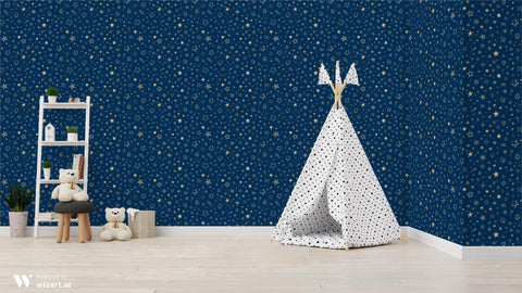 Removable wallpaper featuring a dark blue background with a pattern of golden stars.