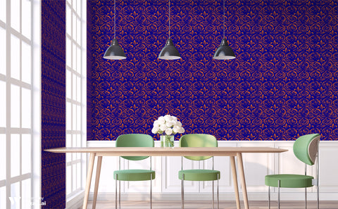 Dining room with dark blue wallpaper and gold damask pattern behind wooden table and green chairs