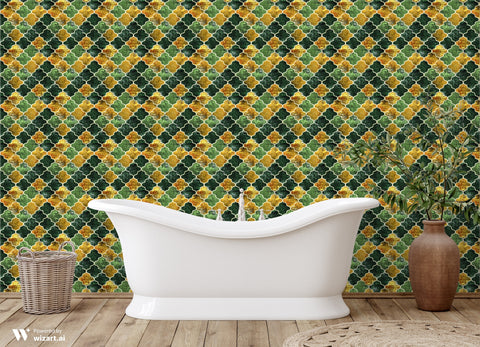Bathroom with freestanding white bathtub and Moroccan tile wallpaper in green and gold geometric pattern