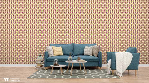 Living room with vintage wallpaper featuring red floral damask pattern on beige background, blue sofa set, and modern coffee table
