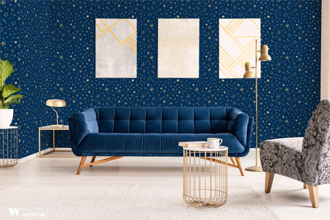 Removable wallpaper featuring a dark blue background with a pattern of golden stars.