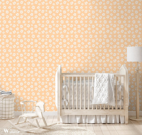 wallpaper with a floral pattern featuring peach colored flowers on a white background.