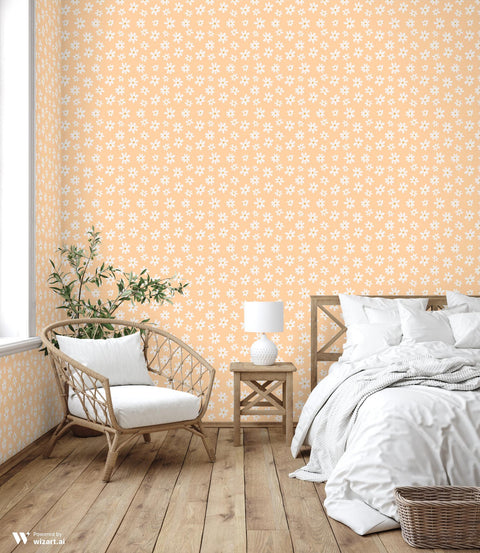 wallpaper with a floral pattern featuring peach colored flowers on a white background.