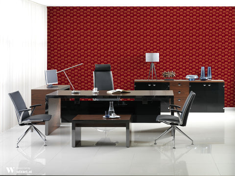 Modern office interior with red wallpaper featuring golden elephant patterns behind a black executive desk and chairs