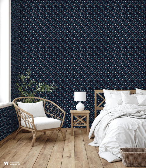 removable wallpaper with a dark blue background featuring a floral pattern with peacocks and other birds.