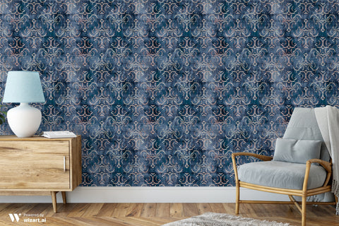 Living room with dark blue wallpaper featuring ornate beige and gold vintage-style patterns