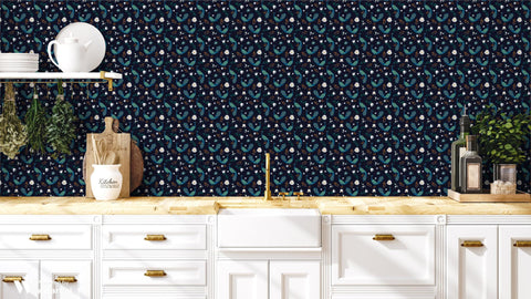 removable wallpaper with a dark blue background featuring a floral pattern with peacocks and other birds.