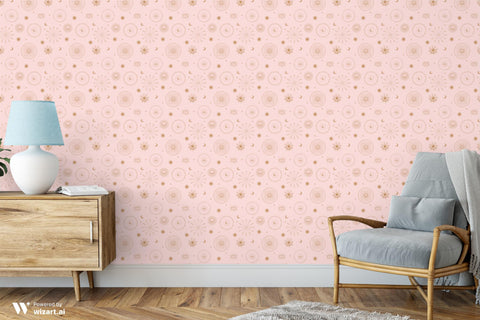 removable wallpaper with a celestial pattern featuring moons, stars, and circles on a pink background.