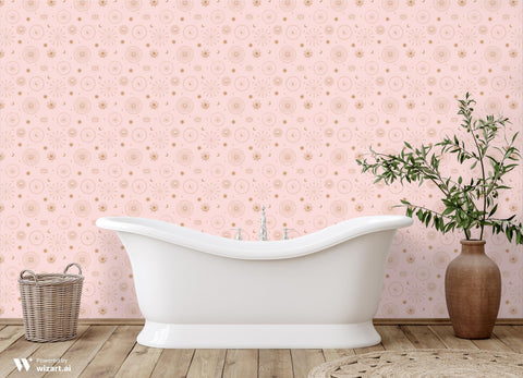 removable wallpaper with a celestial pattern featuring moons, stars, and circles on a pink background.