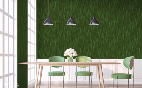 wallpaper with a green forest pattern consisting of numerous pointy pine trees.