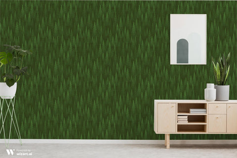 wallpaper with a green forest pattern consisting of numerous pointy pine trees.