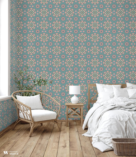removable wallpaper with a floral pattern featuring pomegranate motifs in teal, pink, and other colors.