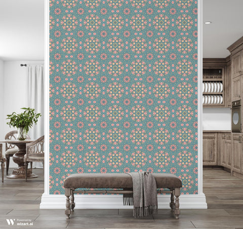 removable wallpaper with a floral pattern featuring pomegranate motifs in teal, pink, and other colors.