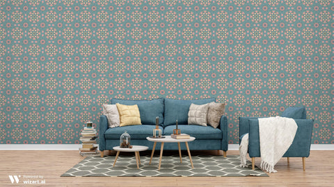 removable wallpaper with a floral pattern featuring pomegranate motifs in teal, pink, and other colors.