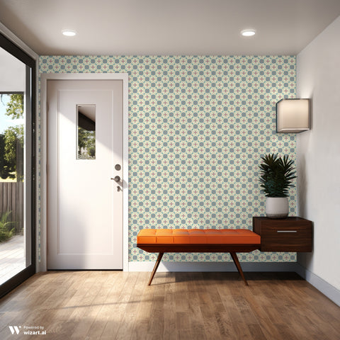 Beige wallpaper with teal and red floral tile patterns in a modern entryway featuring a white door and orange bench.