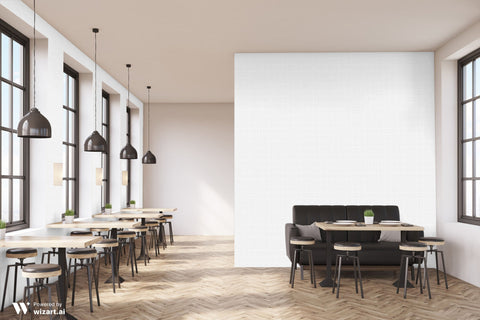Modern cafe interior with white minimalist grid wallpaper on feature wall, wooden floor, and black seating area