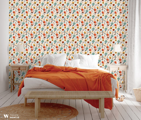 Botanical wallpaper with orange, yellow, and teal flowers and dark leaves on a cream background, shown in a cozy bedroom with white and orange accents.