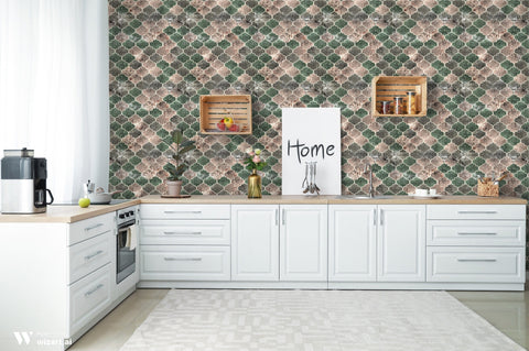 Modern kitchen with white cabinets and wooden countertop against wallpaper featuring geometric quatrefoil pattern in green, beige, and gray stone texture