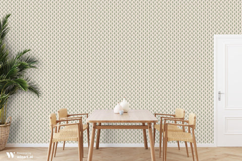 removable wallpaper with a bold, geometric serpentine design in green on a beige background.