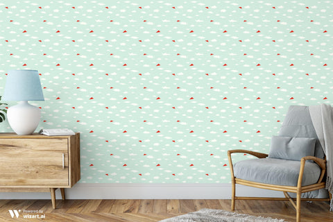 removable wallpaper with a pattern of red paper planes flying against a light blue background with white clouds.