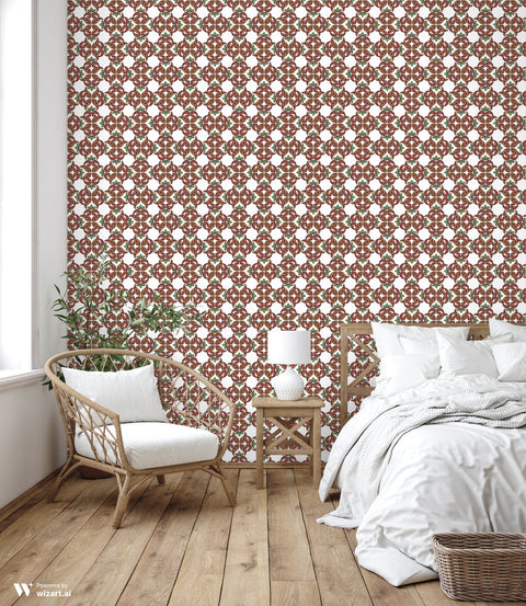 Bedroom with wallpaper featuring red, brown, and green paisley-inspired floral patterns on a white background