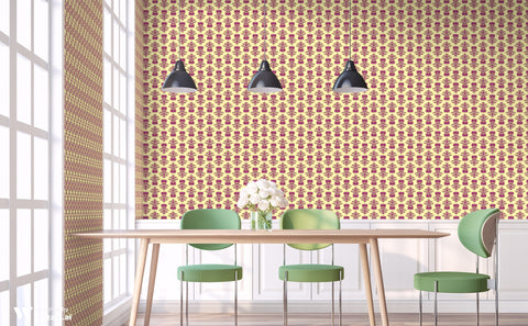 Dining room with vintage wallpaper featuring red floral damask pattern on beige background