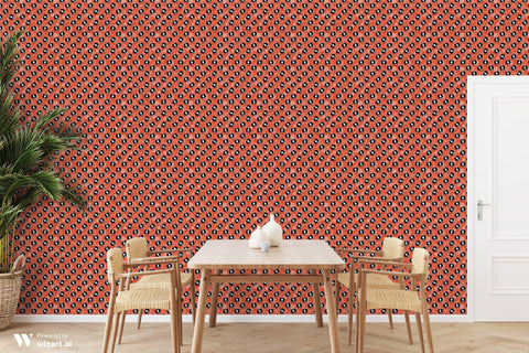 wallpaper with a retro pattern featuring black and white records on an orange background.