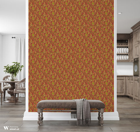 Hallway interior with red paisley patterned wallpaper, brown upholstered bench, and view into a wooden kitchen and sitting area