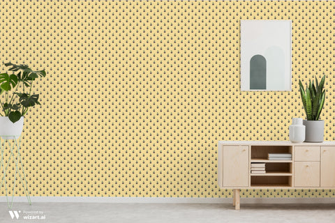 Beige wallpaper with small paisley motifs in red and green, shown in a modern interior with wooden sideboard, potted plants, and wall art