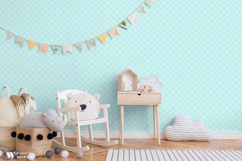 Light turquoise damask wallpaper shown in a children’s room with wooden furniture and playful decor.