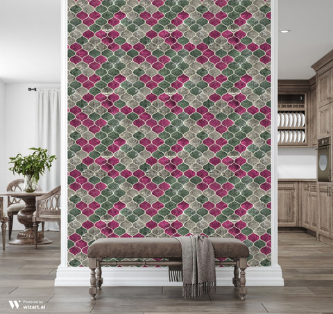 Hallway with decorative bench and wooden flooring against wallpaper featuring geometric arabesque pattern in gray, green, and magenta with stone texture
