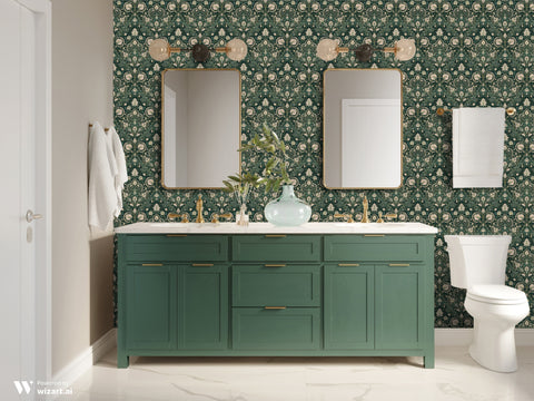 Bathroom interior with a dark green damask wallpaper featuring beige and gold floral motifs, paired with a green vanity, double mirrors, gold fixtures, and a white toilet.