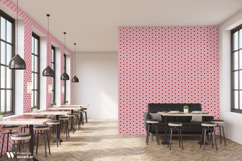 Cafe interior with wooden tables and black seating against wallpaper featuring red and white geometric floral pattern
