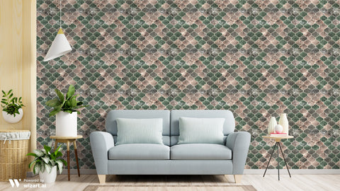 Living room with light gray sofa and plants against wallpaper featuring geometric quatrefoil pattern in green, beige, and gray stone texture