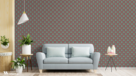 Living room with light blue sofa in front of red and teal geometric patterned wallpaper