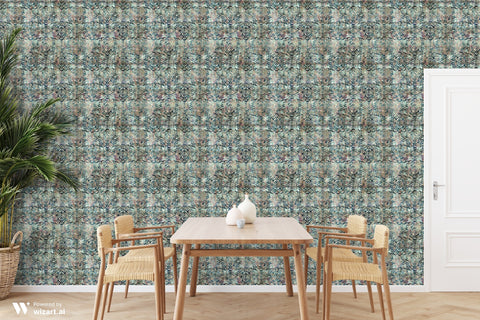 Dining room with wooden table and chairs against wallpaper featuring abstract damask pattern in blue, beige, and black