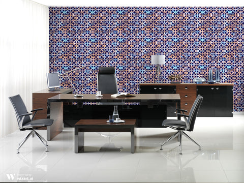 Modern office with wooden desk and black chairs against wallpaper featuring geometric lattice pattern in blue, bronze, and purple on navy background