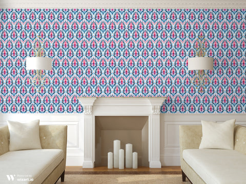 Pink and blue floral wallpaper in a classic living room with white fireplace and neutral furniture.