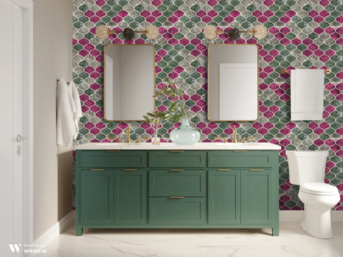 Bathroom with green vanity and double mirrors against wallpaper featuring geometric arabesque pattern in gray, green, and magenta with stone texture