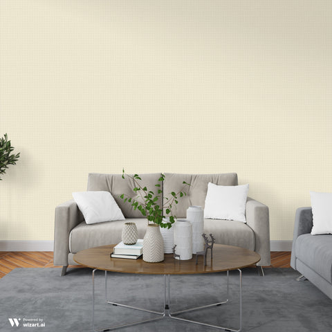 Living room with beige wallpaper featuring a subtle small geometric pattern behind a grey sofa and coffee table