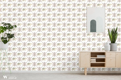 Wallpaper with patterned elephants and colorful tribal motifs in green, coral, and blue on a white background, used in a modern living space