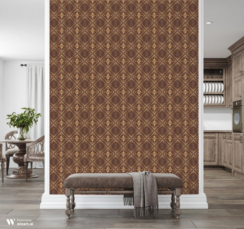 Hallway interior with brown and beige diamond patterned wallpaper, wooden bench, and decorative throw