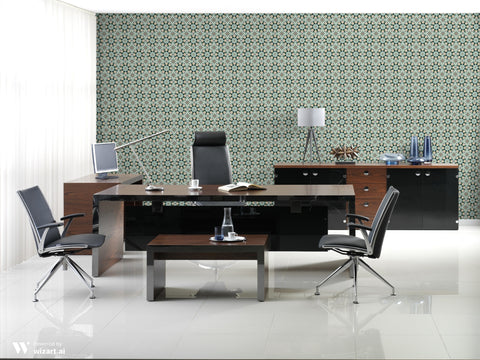 Modern office interior with executive desk and feature wall covered in kaleidoscope geometric wallpaper in beige, blue, and black pattern