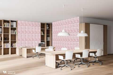 Modern office interior with white and red damask wallpaper behind desks and bookshelves