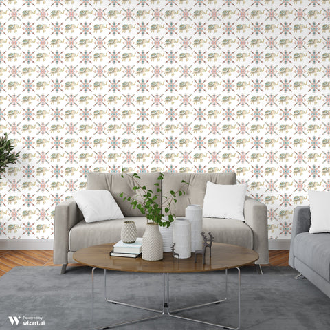Living room with patterned wallpaper featuring decorative elephants and colorful tribal motifs on a white background