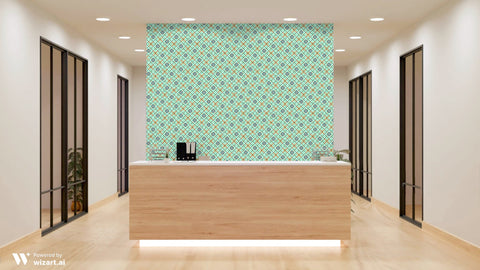 Office reception area with wooden desk and accent wall covered in turquoise and terracotta geometric tile-pattern wallpaper