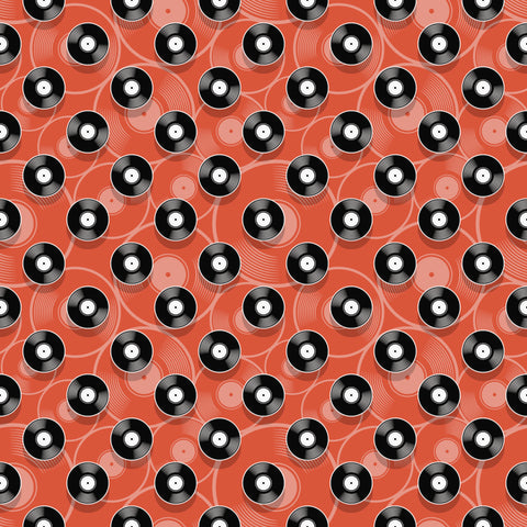 wallpaper with a retro pattern featuring black and white records on an orange background.