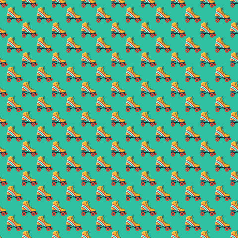 wallpaper with a retro design featuring multiple colorful roller skates against a teal background.